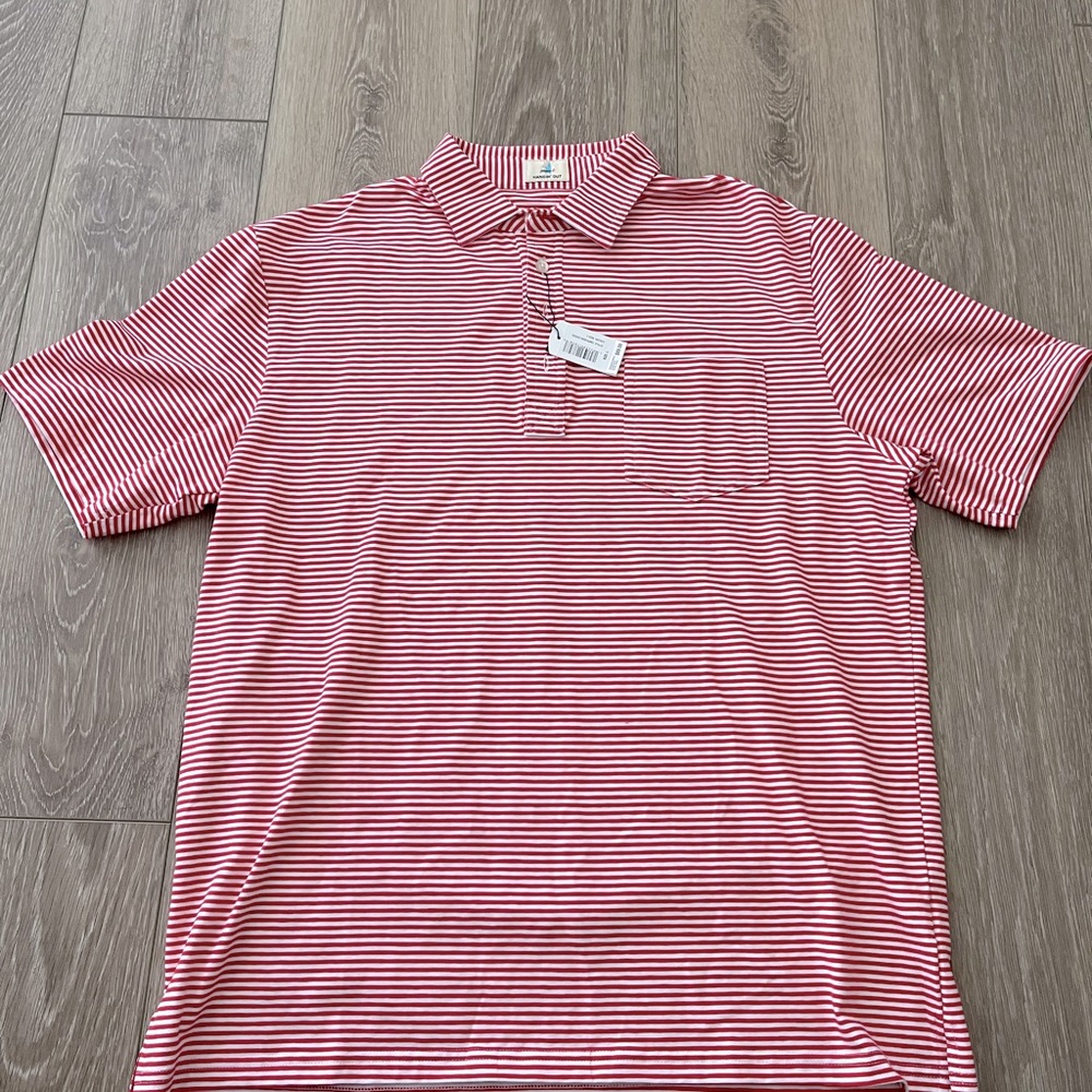 NWT JOHNNIE-O Stretch Hangin Out Cotton Red L White Striped Polo Shirt $89